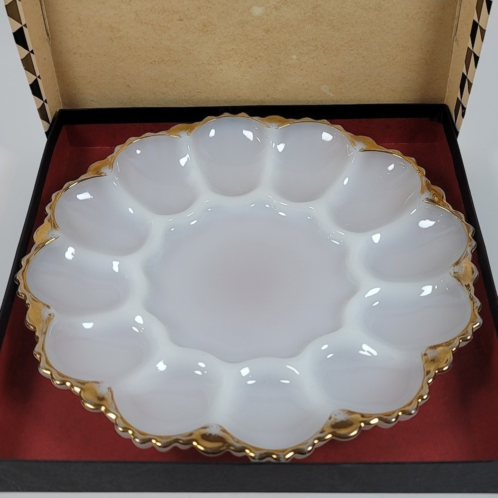 Vintage Anchor Hocking Milk Glass Deviled Egg Plate Gold Trim Scalloped 10 inch